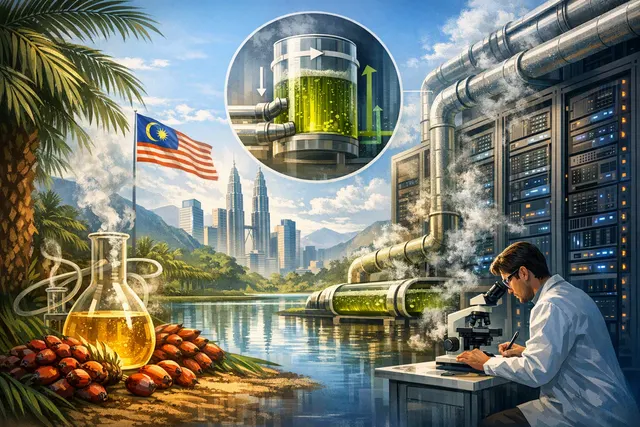 Conceptual illustration of servers submerged in a golden palm oil-based cooling fluid, representing Malaysia's Sawit EcoTherm immersion cooling technology for data centers.