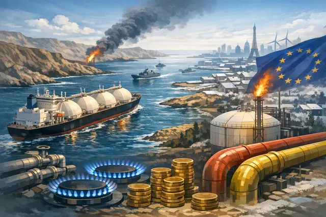 Editorial illustration of LNG tankers and European gas markets under pressure from a Strait of Hormuz shipping disruption