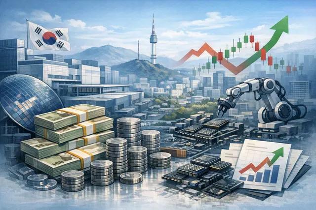 Editorial illustration of Samsung and SK Hynix shareholder returns following a South Korean technology stock selloff