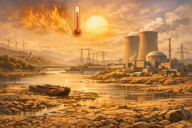 Conceptual illustration of a dry, cracked riverbed with a nuclear power plant cooling tower in the background, symbolizing the 2026 Central European energy crisis caused by record-