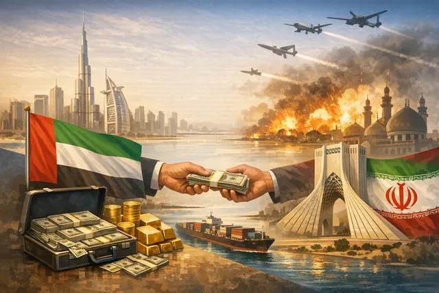 Diplomatic documents and currency symbols representing the reported billion-dollar arrangement between UAE and Iran amid Middle East tensions