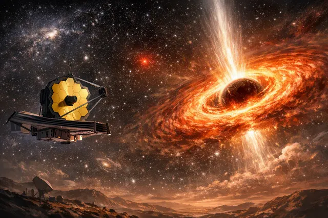 Illustration of MoM-BH*-1 as a red, star-like hydrogen envelope surrounding an accreting black hole