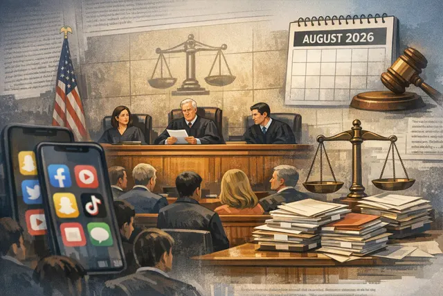 A gavel and scales of justice in front of a digital backdrop showing social media app icons including Facebook, Instagram, TikTok, YouTube, and Snapchat.