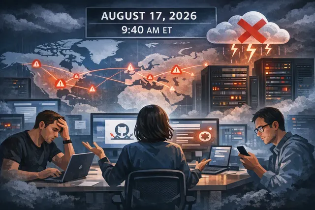 Editorial illustration of a worldwide GitHub outage affecting APIs, repositories, Actions, Pull Requests, webhooks and Copilot