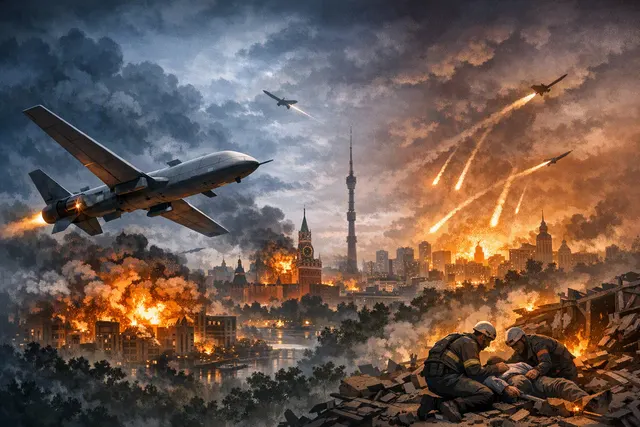 A dramatic night sky over a burning warehouse, with drones silhouetted against the flames and smoke rising, representing Ukraine's massive drone assault on the Moscow region and Wi