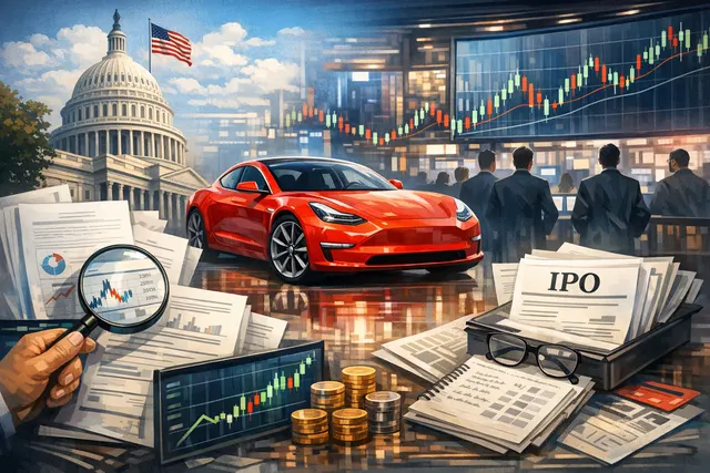 Tesla's IPO day at the NASDAQ on June 29, 2010, with the ticker symbol TSLA and stock chart visuals.