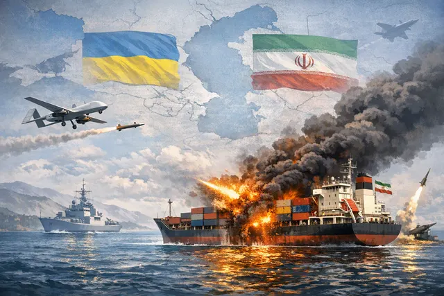 A conceptual illustration of a missile strike over the Caspian Sea, representing the interconnected conflict between Ukraine, Russia, and Iran.