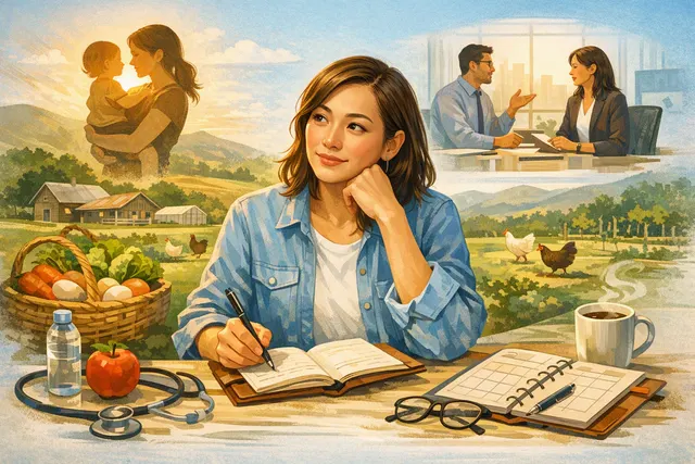 Editorial illustration of Nicola Cheung, former actress and LoCoFarms co-founder, surrounded by symbols of motherhood, agriculture, and proactive health planning.