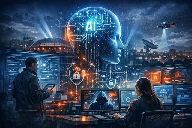 Digital abstract visualization of a cybersecurity threat landscape with a countdown timer, network nodes, and AI symbols representing machine-speed attacks at Black Hat 2026.