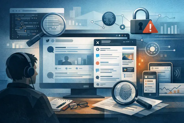Editorial illustration of Kaito Pulse overlaying verified crypto data on an X timeline amid privacy and device-tracking concerns