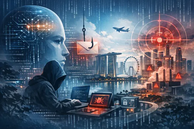 Abstract illustration of artificial intelligence protecting Singapore’s critical infrastructure from cyberattacks