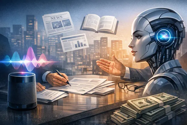 Conceptual image of a glowing AI-powered Siri interface overlaid on a smartphone, surrounded by floating news headlines and publisher logos, representing Apple's AI-driven Siri ove