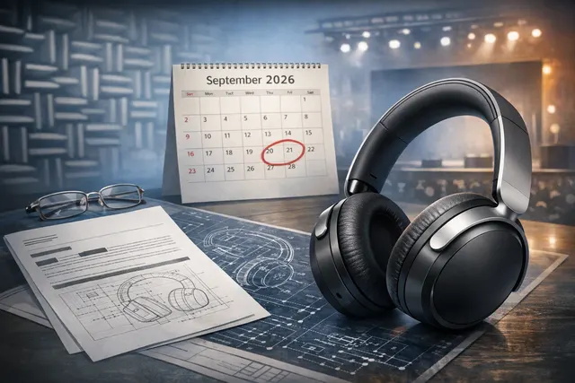 AI-generated illustration of Sonos Ace Ultra over-ear headphones, showing five color options including Greige, Shadow Black, Agave, Blush, and Sand