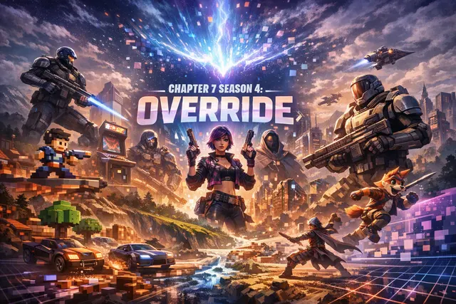 Fortnite Chapter 7 Season 4 Override key art with Sonic, Crash Bandicoot, Joker, Mega Man, and other gaming icons