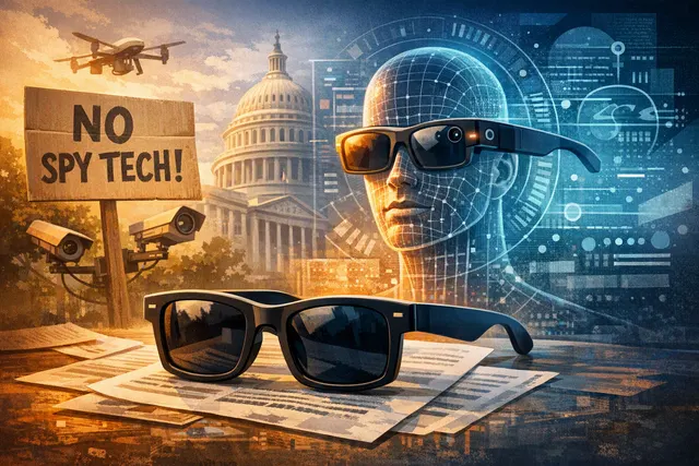 A pair of matte black sunglasses with the DuckDuckGo logo on the temple, representing the Normal F***ing Sunglasses anti-surveillance product.