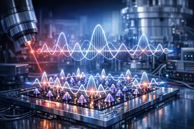 Conceptual illustration of multiple time crystals synchronizing inside a semiconductor, visualized as glowing oscillators linked by diffusion paths