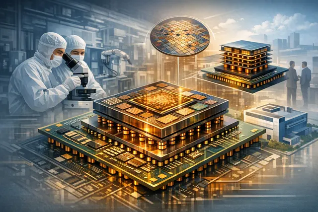 AI-generated visualization of advanced semiconductor packaging layers representing TSMC CoWoS and Intel EMIB technology for AI chips
