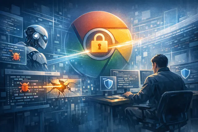 Google Chrome security shield with AI and Gemini branding, representing AI-powered vulnerability detection and patching