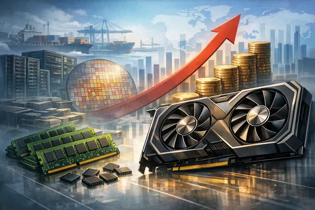 Nvidia GeForce RTX graphics cards with an overlay of DRAM memory chips and price tag symbols, representing the 2026 GPU price hike driven by the memory crisis.