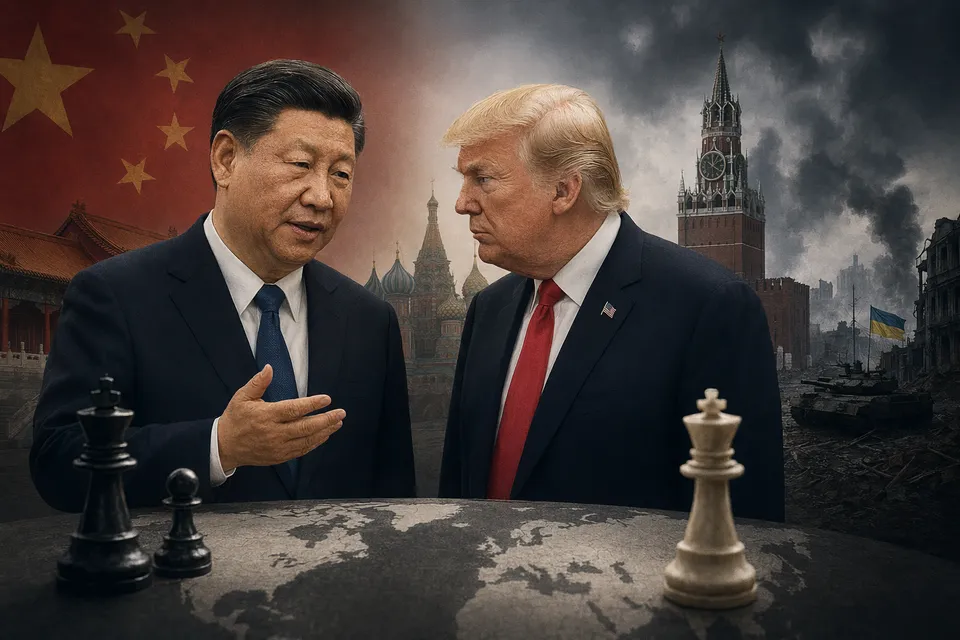 Illustration of Xi Jinping, Donald Trump, and Vladimir Putin amid geopolitical tension over the Ukraine war