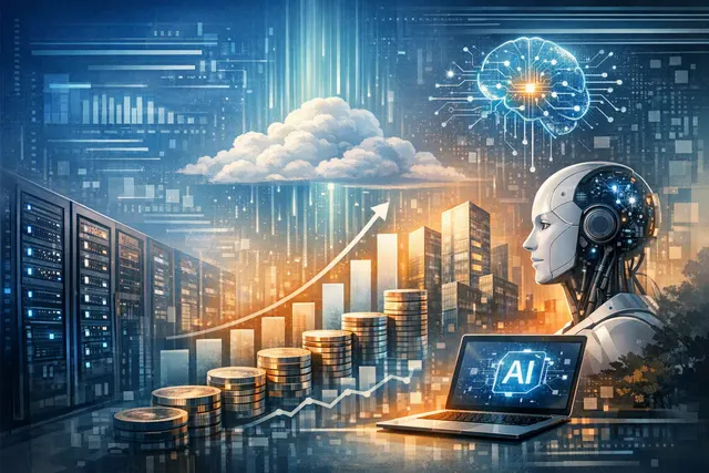Abstract editorial illustration of Microsoft Azure cloud infrastructure and generative AI investment