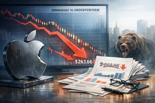 A digital illustration of an Apple iPhone silhouette overlaid with a downward-trending stock chart, symbolizing analyst downgrades and bearish sentiment.