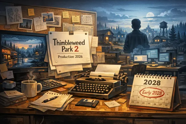 Pixel-art scene of Thimbleweed Park town with a dead body under a bridge, evoking the game's Twin Peaks and X-Files inspired mystery tone