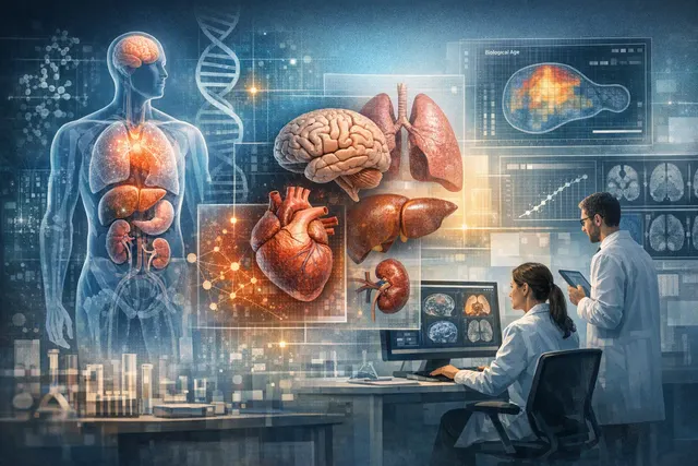 Abstract visualization of human organs with different color-coded aging clocks, representing the concept of asynchronous biological aging across organs