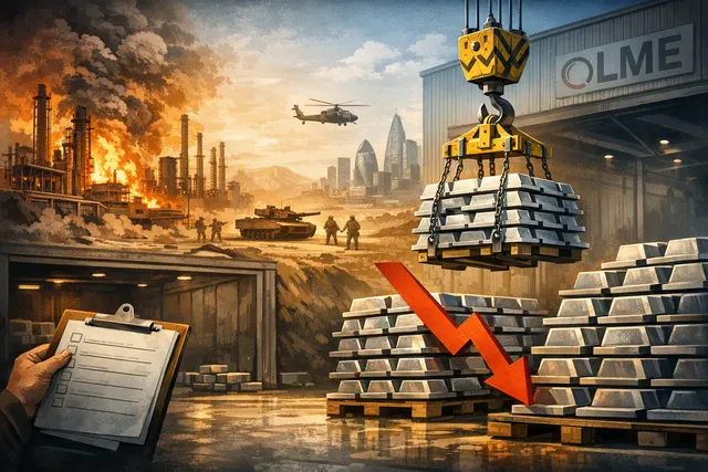 AI-generated illustration of LME aluminium warehouse stocks at a 36-year low, with geopolitical supply chain disruption imagery
