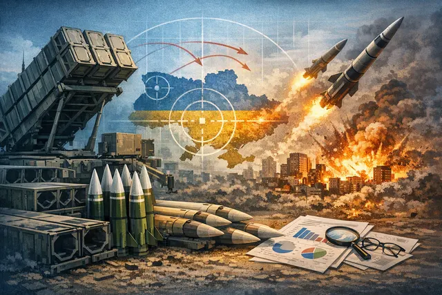 A Patriot air defense system firing a missile into the night sky over a city, with explosions visible in the distance.