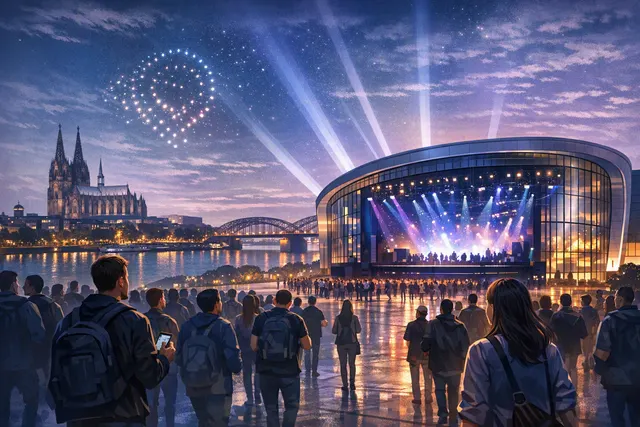 Stylized editorial illustration of a large video game showcase stage representing Gamescom Opening Night Live 2026