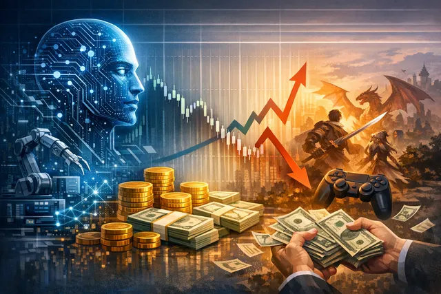 Illustration of Tencent's Q1 2026 financial strategy balancing AI investment, gaming revenue, and share buybacks.