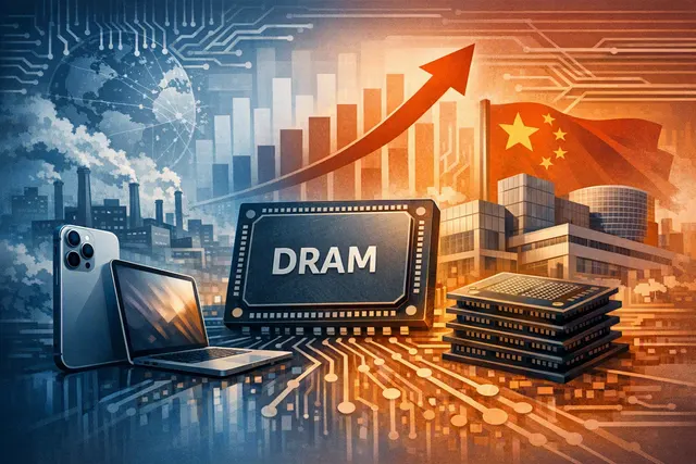 Apple logo and computer motherboard illustration symbolizing supply chain and memory chip sourcing challenges.