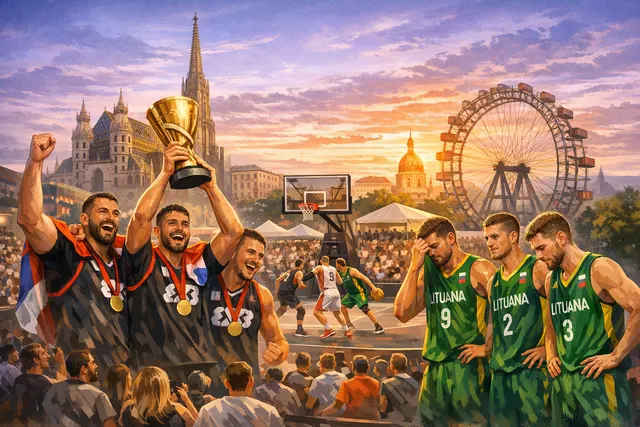 Amsterdam Rabobank players celebrate winning the FIBA 3x3 World Tour Vienna 2026 trophy after defeating Liman 18–13 in the final.