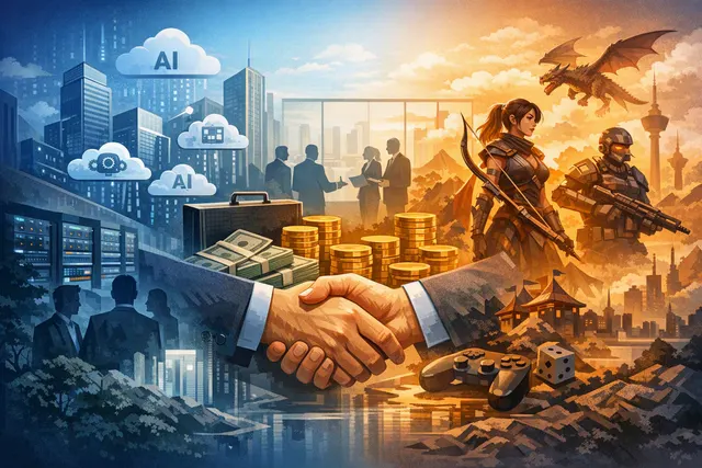 Editorial illustration of Alibaba selling Lingxi Games to Trustar Capital as the company shifts focus to artificial intelligence and cloud computing