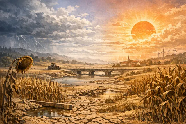 Dry European farmland beside a low river during a severe drought and heatwave