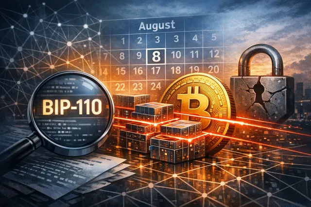 Bitcoin blockchain concept with split chains and warning symbols representing BIP-110 mandatory signaling window and potential replay attack risk