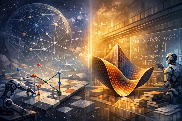 AI-generated editorial hero image showing mathematical formulas and geometric patterns, representing AI breakthroughs in pure mathematics in 2026
