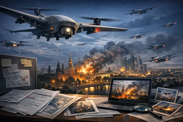 A drone flying over a city skyline at night, with searchlights and an explosion on the ground, representing the overnight Ukrainian drone attack on Moscow on July 28, 2026.