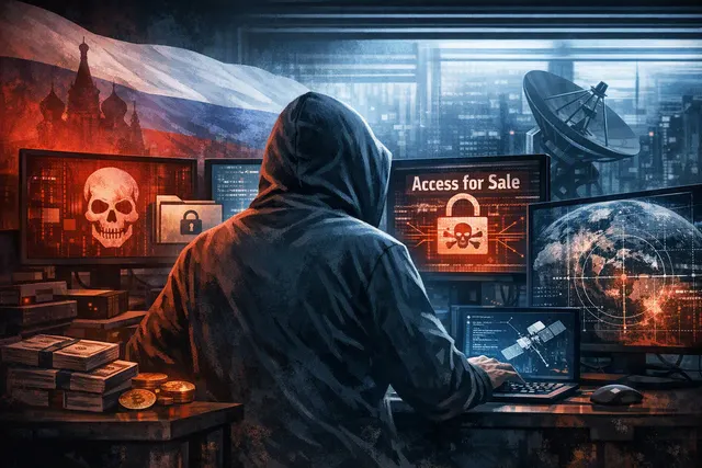 Digital illustration of a hacker silhouette facing a screen displaying network topology and ransomware demands alongside Ukrainian military map coordinates