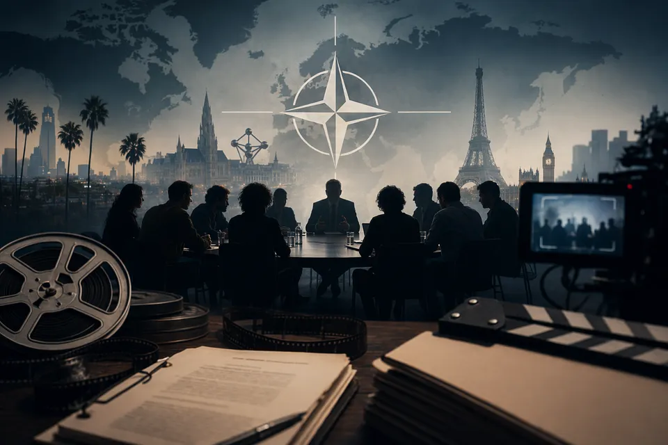 映画制作の現場とNATOを象徴する旗を組み合わせた編集イメージ