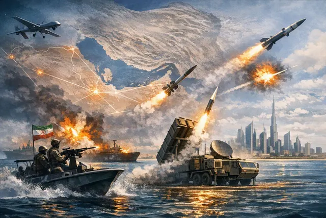 An AI-generated illustration depicting a stylized map of the Persian Gulf region with icons representing missiles, drones, and oil tankers, symbolizing the 2026 Iran-Gulf conflict.