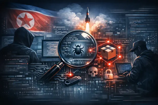 Conceptual digital illustration of a blockchain network with malware code strands embedded in cryptographic symbols, representing North Korean state-sponsored npm supply-chain atta