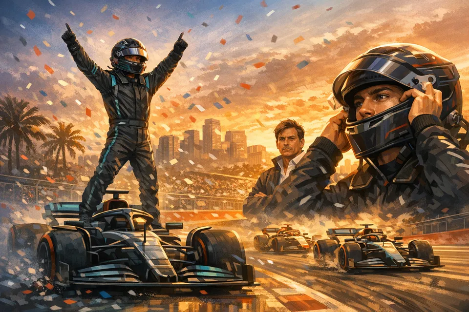 Editorial illustration of Kimi Antonelli’s Miami Grand Prix win shifting the Mercedes title battle with George Russell