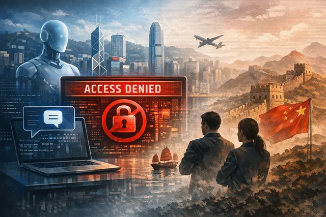 Illustration of corporate AI access restrictions involving OKX, Claude, Hong Kong, and mainland China