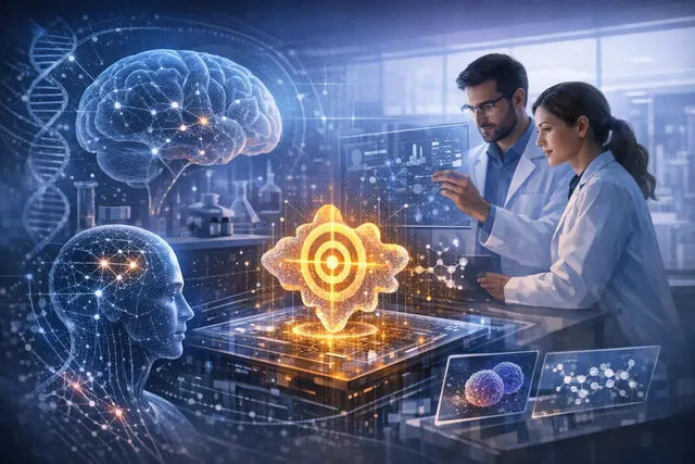 AI-generated visualization of a neuron map and drug discovery pipeline, representing the Recursion-Genentech AI milestone