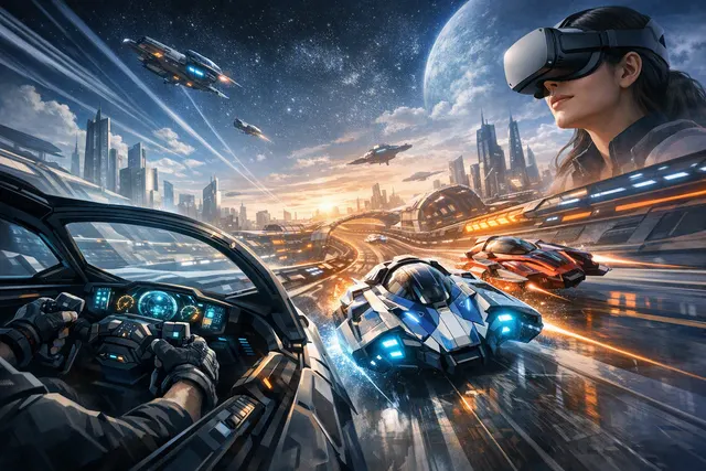 Futuristic anti-gravity racing craft speeding through a neon track in Omega Pilot Evolution