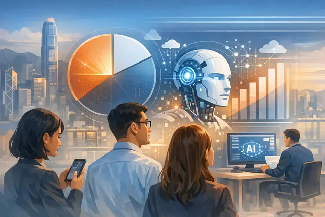 Abstract illustration of interconnected digital nodes and workflows, representing AI adoption in a modern workplace setting.