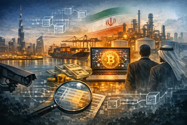Illustration of a Dubai cityscape with cryptocurrency symbols and network nodes, representing the Iranian sanctions evasion operation routed through the unlicensed Shelbit exchange