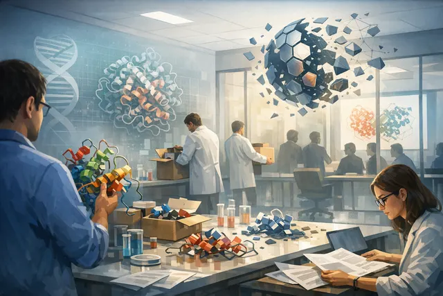 AI-generated conceptual image representing Google DeepMind's AlphaFold protein structure prediction technology and its team dissolution